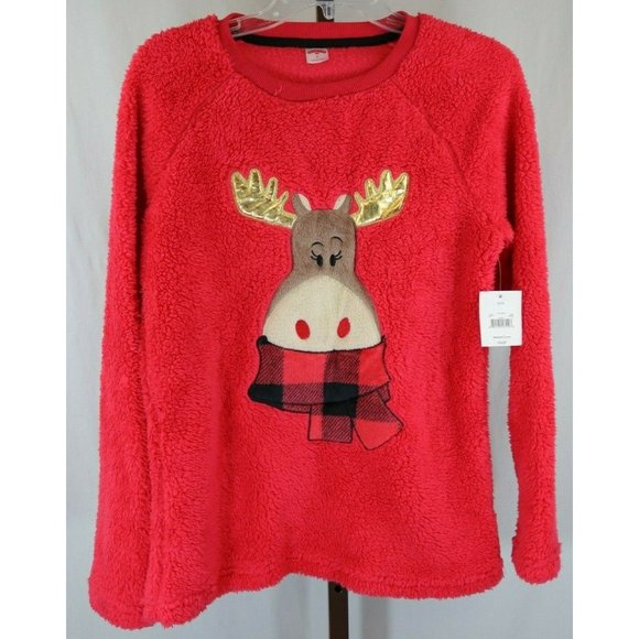 Holiday Time Ladies Red Plush Reindeer Applique Long Sleeve Top Size Small NEW - Picture 1 of 5